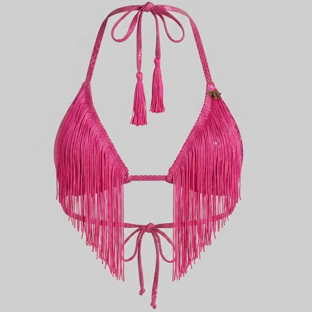 Pink fringe bikini top on a light gray background