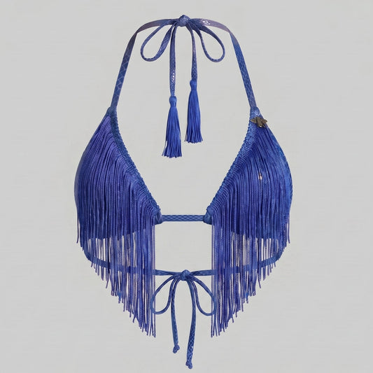Blue fringe bikini top on a gray background