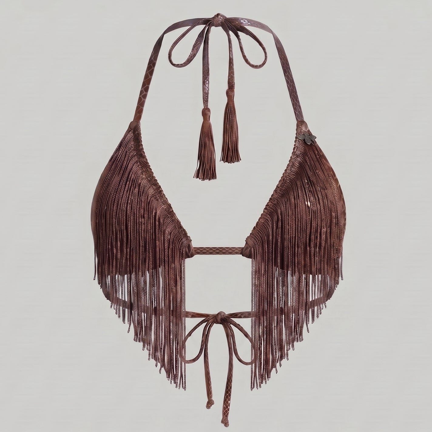 Brown fringe bikini set on a light gray background
